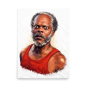 May include: A print depicting a man with a startled expression. The man has grey hair and a grey beard, and is wearing a red vest top. The background is white with light brown paint splatters.