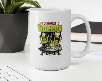 Funny Alien UFO Mug, Retro Space Monster Coffee Mug, Vintage Sci-Fi Halloween Mug, Cosmic Horror Cartoon Coffee Cup, Funny Extraterrestrial