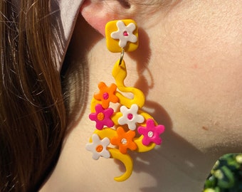 Snake polymer clay earrings, Floral animal jewelry, Boho flowers clay bijou,Colorful 60's style jewels,Spring lightweight dangle accessories