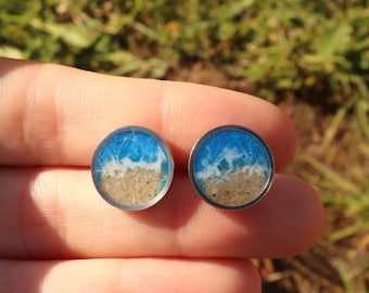 Tiny ocean stud earrings, Small stainless steel beach jewelry, Real sand resin accessories, Delicated sea waves jewels, Blue circle jewel