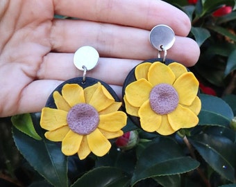 Sunflower dangle earrings, Polymer clay jewelry, Yellow flower earring, Stainless steel accessories, Lightweight clay jewels, Floral earring