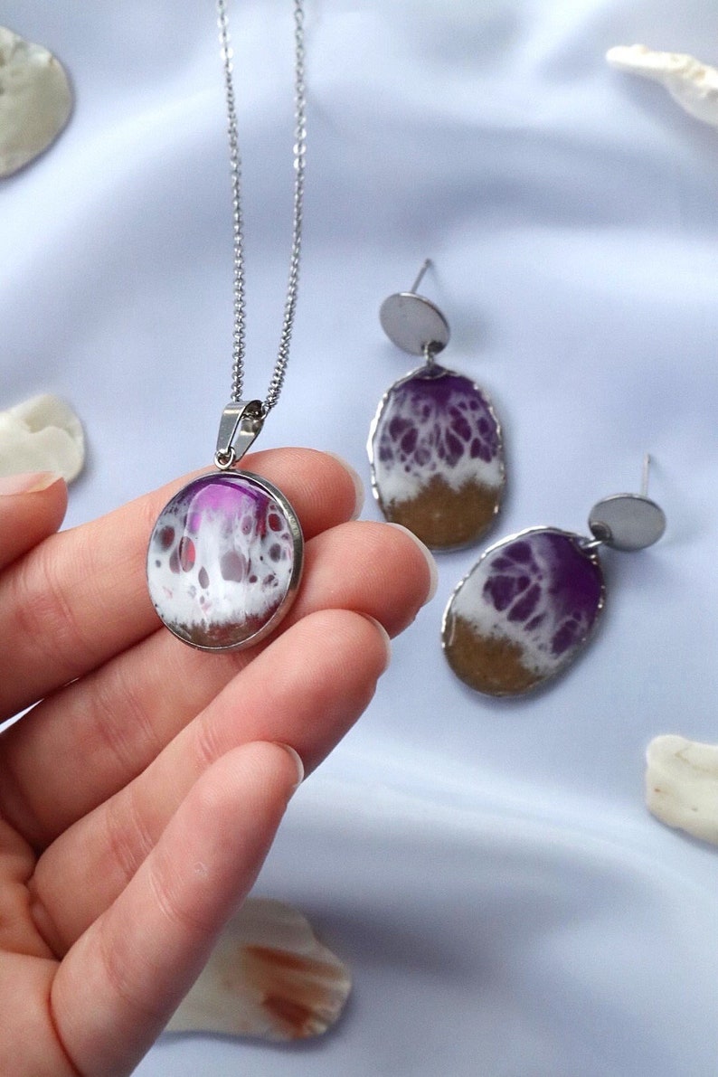 Ocean inspired jewelry, Purple resin set, Stainless steel summer accessories, Real sand nautical jewels, Sea waves beachy jewelry set zdjęcie 2