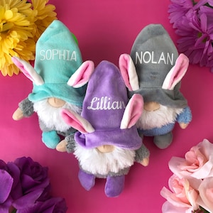 Puede incluir: Tres gnomos de peluche con orejas de conejo y nombres personalizados: Sophia, Nolan y Lillian. Los gnomos llevan sombreros de colores pastel y tienen barbas blancas. Los gnomos est&aacute;n sentados sobre una superficie rosa.
