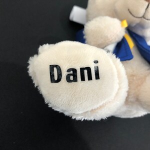 Pu&ograve; includere: Un orsacchiotto di peluche bianco che indossa un gilet blu con un nastro giallo. La zampa dell'orso ha il nome "Dani" scritto su di essa.