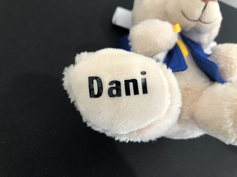 Pu&ograve; includere: Un orsacchiotto di peluche bianco che indossa un gilet blu con un nastro giallo. La zampa dell'orso ha il nome "Dani" scritto su di essa.