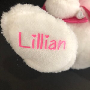 Pu&ograve; includere: Coniglio di peluche bianco con dettagli rosa e il nome "Lillian" ricamato sul piede.
