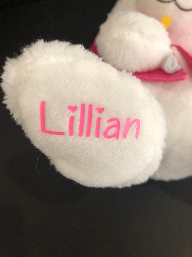 Pu&ograve; includere: Coniglio di peluche bianco con dettagli rosa e il nome "Lillian" ricamato sul piede.