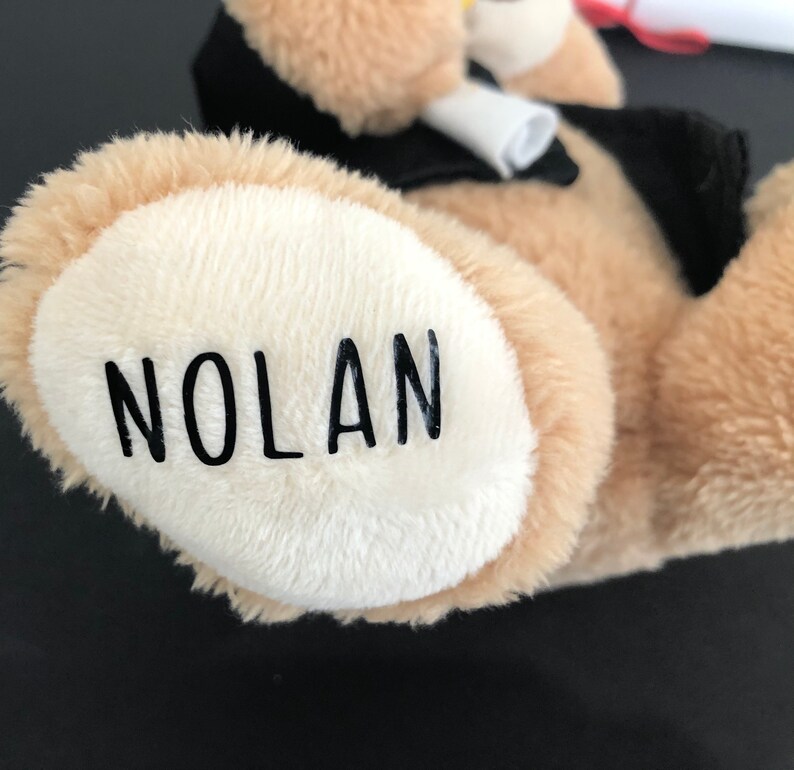 Pu&ograve; includere: Un orsacchiotto di peluche marrone che indossa una toga da laurea nera e un cappello. Il piede dell'orso ha il nome "NOLAN" ricamato.