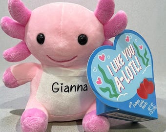 Personalized Valentine’s Day Axolotl stuffed plushie with candy, Axolotl Plushie, Valentine’s Day Gift Stuffed Axolotl personalized