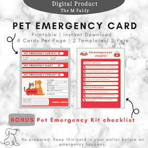 Pet Emergency Contact Card, Printable, Pet Emergency Kit Checklist, Fillable PDF for 1 or 2 Pets, Wallet Size, Instant Download, Safety Info