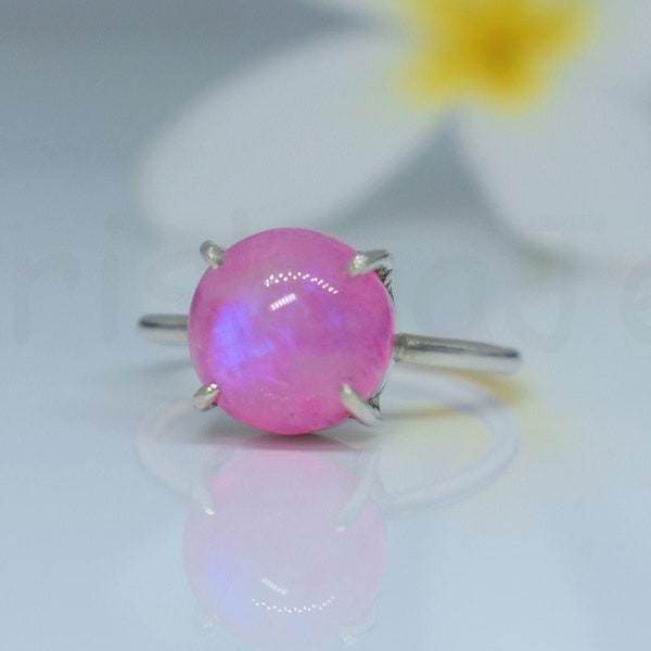 Bague en pierre de lune rose, bague en argent sterling, bijoux en pierre de lune, bague ronde, mini anneau, anneau minuscule, minimaliste, anneau de déclaration, anneau de dainty