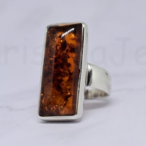 Amber Ring, 925 Silver Ring, Statement Ring, Amber Jewelry, Long Rectangle, Christmas Sale, Wedding Ring, Split Band Band, Gift for Her, Mom