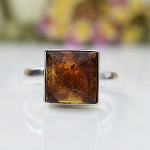 Fire Amber Stone Ring, Sterling Silver Ring, Square Stone Ring, Statement Ring, Cabochon Gemstone, Silver Band Ring, Natural Gemstone, Boho