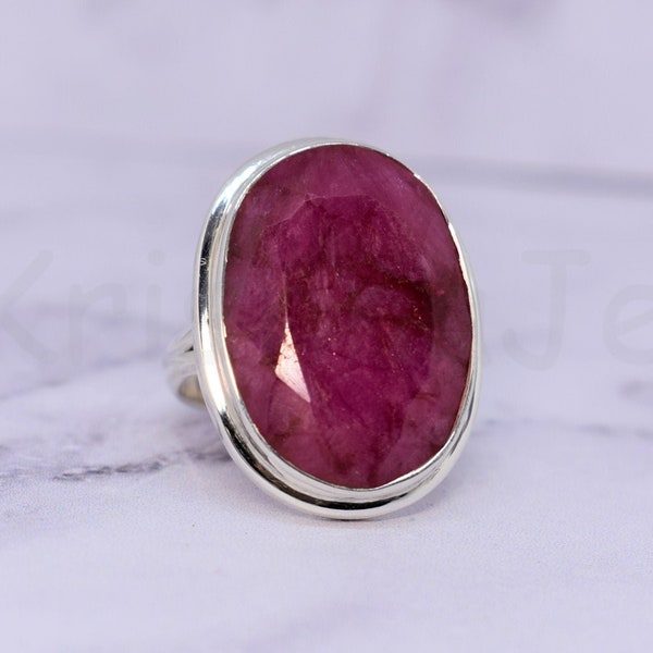 Indian Ruby Stone Ring, 925 Silver Sterling Ring, Oval Shape Ring, Double Bezel Set Ring, Statement Ring, Split Band Ring, Faceted Gemstone