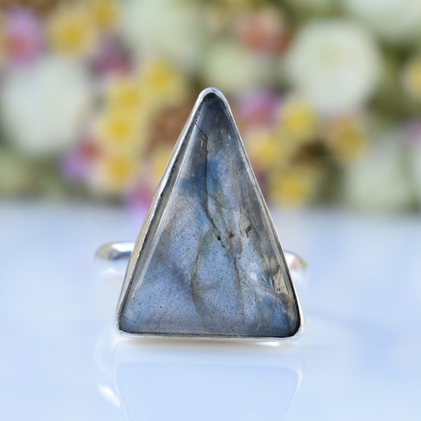 Blue Labradorite Ring, Sterling Silver Ring, Triangle Stone Ring, Statement Ring, Cabochon Gemstone, Silver Band Ring, Natural Gemstone Ring