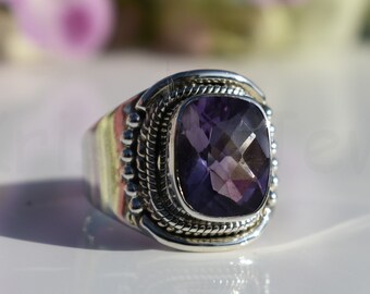 Amethyst Ring, Sterling Silver Ring, Amethyst Jewelry, Purple Stone, Cushion Ring, Statement Ring, Girlfriend Ring, Wedding Gifts, Designer