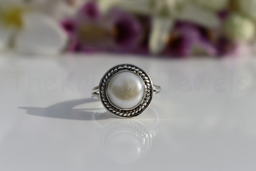 White Pearl Stone Ring, Sterling Silver Ring, Natural Gemstone, Round ...