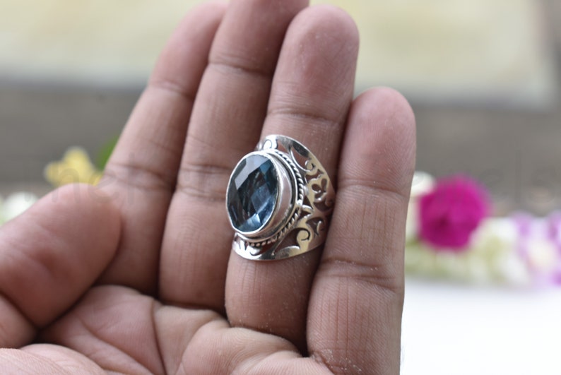 Designer Blue Topaz Gemstone Ring Oval Shape Ring Sterling Silver Ring Faceted Gemstone Ring Bezel Set Ring Dainty Ring Statement Ring