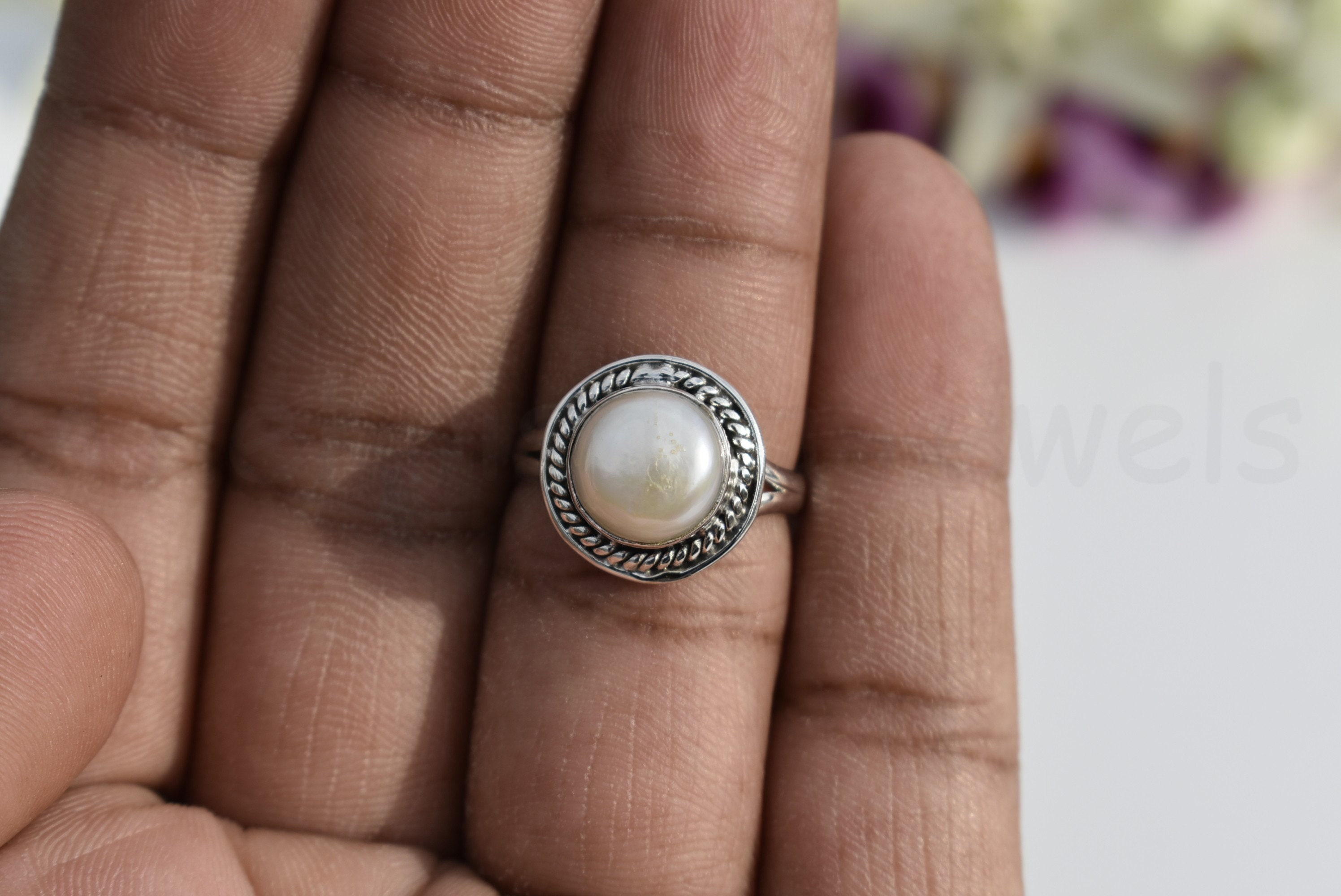 White Pearl Stone Ring Sterling Silver Ring Natural Etsy