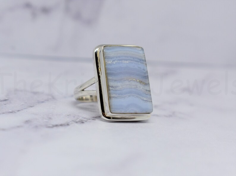 Blue Lace Agate Ring Cabochon Gemstone Split Band Ring 925 Sterling Silver Ring Statement Ring Handmade Ring Cushion Gemstone Ring