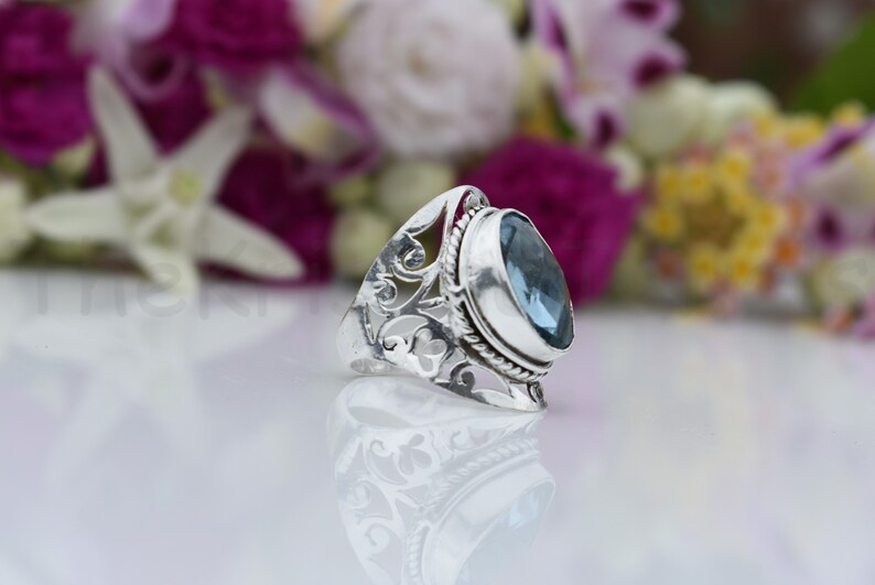 Designer Blue Topaz Gemstone Ring Oval Shape Ring Sterling Silver Ring Faceted Gemstone Ring Bezel Set Ring Dainty Ring Statement Ring