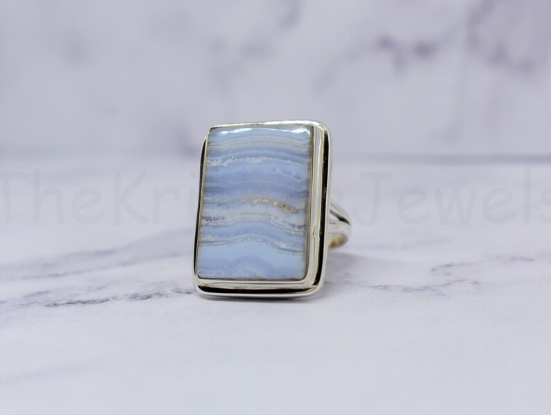 Blue Lace Agate Ring Cabochon Gemstone Split Band Ring 925 Sterling Silver Ring Statement Ring Handmade Ring Cushion Gemstone Ring