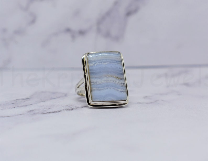 Blue Lace Agate Ring Cabochon Gemstone Split Band Ring 925 Sterling Silver Ring Statement Ring Handmade Ring Cushion Gemstone Ring