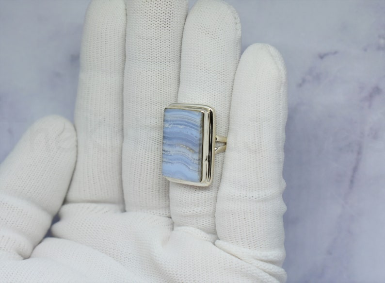 Blue Lace Agate Ring Cabochon Gemstone Split Band Ring 925 Sterling Silver Ring Statement Ring Handmade Ring Cushion Gemstone Ring