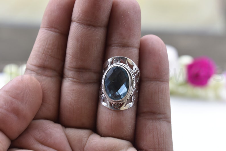 Designer Blue Topaz Gemstone Ring Oval Shape Ring Sterling Silver Ring Faceted Gemstone Ring Bezel Set Ring Dainty Ring Statement Ring