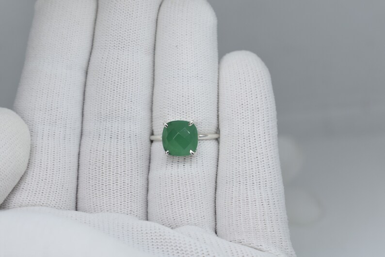 Natural Green Onyx Ring 4 Prong Set Ring 925 Sterling Silver Ring Cushion Shape Ring Faceted Gemstone Single Band Ring Statement Ring