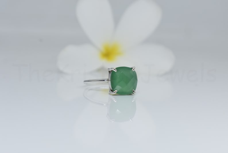 Natural Green Onyx Ring 4 Prong Set Ring 925 Sterling Silver Ring Cushion Shape Ring Faceted Gemstone Single Band Ring Statement Ring