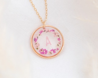 gold filled initial letter necklace with real pressed pink flowers, delicate waterproof wildflower jewelry, alphabet charm