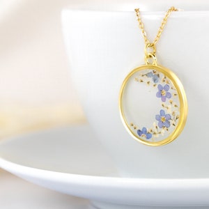 forget me not real flower in resin necklace, blue wildflower terrarium pendant for nature lover, boho memorial cottage core gift for her