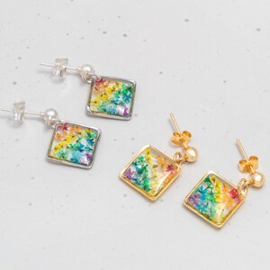 May include: A pair of earrings with a rainbow of pressed flowers encased in clear resin. The earrings are available in silver and gold.