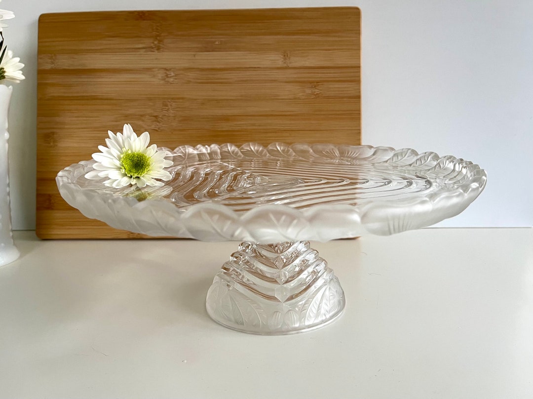 Vintage Cutglass Cake Stand With Floral Pattern Around Rim 12 Inch Pedestal Single Tier Wedding