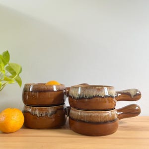 Retro French Onion Soup Crocks, Set of 4 | Circa 1970s Made in Korea | Drip glaze pottery, Handle, Farmhouse | Chili bowls, Dinner Party
