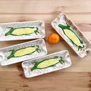 Vintage Corn on the Cob Plates, Set of 4 | Japan Circa 1980 | Majolica Style, Ceramic Serving Plates, Thanksgiving, Fall, Summer BBQ, Gift