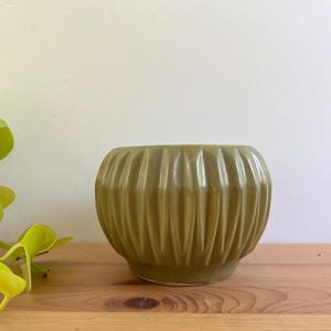 May include: A round, olive green ceramic planter featuring a vertical ribbed texture across its exterior surface. The bowl-shaped vessel has a smooth, glossy finish and a wide opening, designed to hold small plants or decorative items.