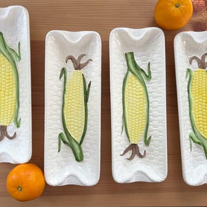 Vintage Corn on the Cob Plates, Set of 4 | Japan Circa 1970s | Majolica Style, Ceramic Serving Plates, Thanksgiving, Fall, Summer BBQ, Gift