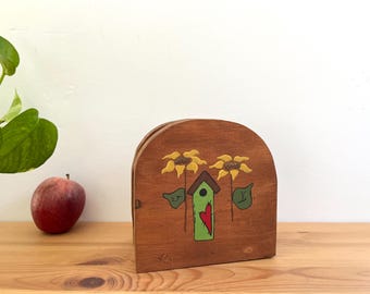 Hand Painted Napkin Holder, Wooden with Sunflower and Birdhouse Pattern | Circa 1990s