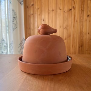 May include: A terracotta cloche with a small, decorative handle on top. The cloche sits on a matching terracotta base. The item is designed for food presentation or storage. The cloche is made of unglazed clay.
