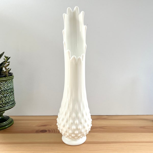 Fenton Milk Glass Stretch Vase, Hobnail Pattern with 12 Fingers | USA Circa 1970s | Swung Vase, Collectible Glass, Wedding Gift, MCM Decor