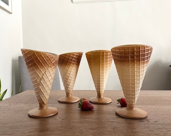 Bormioli Rocco Glass Ice Cream Dishes, Waffle Cone Shape, Set of 4 | Made in Italy, Circa 1970s | Cornetto