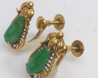 14K Yellow Gold Natural Green Jade Non Pierced Earrings 1930s Handmade American