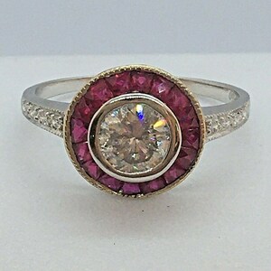 Art Deco Style 18K Gold Diamond and Ruby Target Ring 3/4 Carat Diamond Halo Engagement Ring French Cut Rubies Size 7