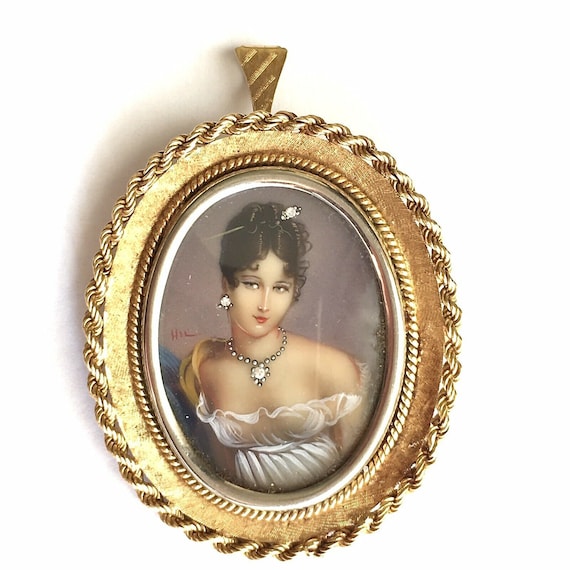 Framed 18 Karat gold Portrait of Lady in White Dr… - image 1