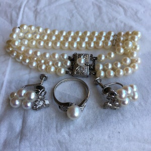 MIKIMOTO Akoya Pearl Bracelet Ring Earrings Sterling Silver Signed