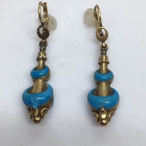 Victorian Etruscan Revival Drop Dangle Earrings 14 Karat Gold Enamel Light 1880s