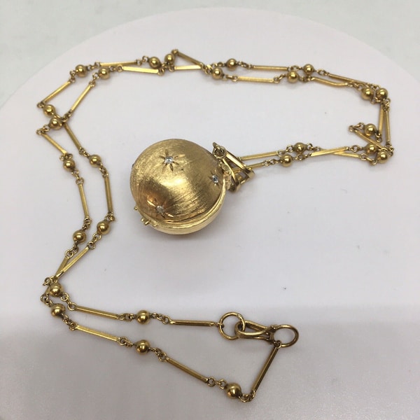 Retro 1940s 14K Gold Globe Shaped Locket Charm Pendant 18K Handmade 24” Chain