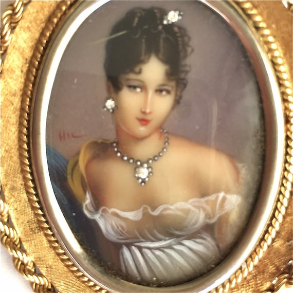 Framed 18 Karat gold Portrait of Lady in White Dr… - image 2